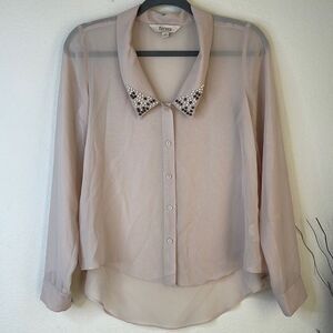 Decree Champagne Sheer Blouse Embellished Collar Beads Pearls Size Small